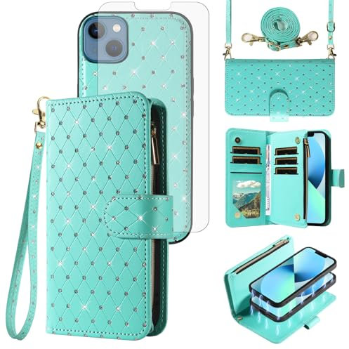Compatible with iPhone 13 Mini 5.4 inch Wallet Case Zipper Cell Screen Protector Crossbody Strap Glitter Flip Card Holder Phone Cover for iPhone13mini i-Phone 13minicase i iPhone13 13mini Women Teal