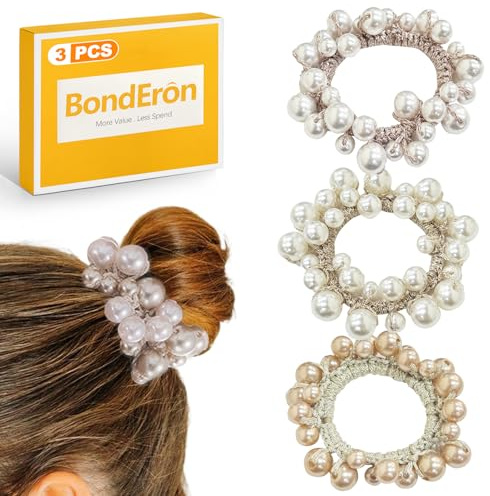 BondEron 3 Stück Elegante Glitzer Perlen Haargummis Set, Elastische Zopfgummis mit starkem Halt, Modischer Haarschmuck für Frauen Mädchen