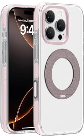 HAMEXLN Magnetica Custodia per iPhone 16 PRO Max/16 Pro/16 Plus/16, Rotazione Cavalletto Cover con Ricarica Wireless Chiaro Antiurto Caso,Rosa,16 Plus