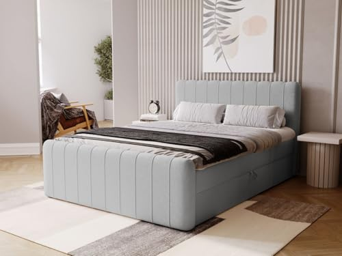 GRAINGOLD Osteno Bett 140x200, Boxspringbett mit Bettkasten, Polsterbett mit Bonell-Matratze, Samt Stoff, mit Topper, mit Kopfteil (Grau, 140x200)