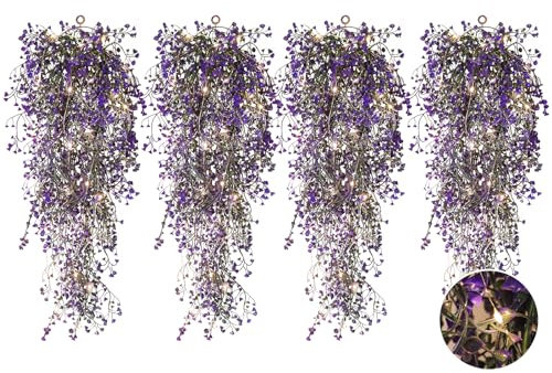 ASDJHFABKY Paquete de 4 helechos Artificiales con Luces LED, Hiedra de 76 cm, para Colgar en casa, jardín, Pared, Oficina, Boda, Fiesta (Morado)