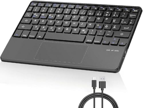 FOGARI Wireless Bluetooth Tastatur für Tablet iPad, Samsung, Lenovo, Xiaomi | USB-C Wiederaufladbar Keyboard mit Multi Touch Trackpad Kompatibel Windows, Android, IOS, Deutsche Layout QWERTZ, Schwarz