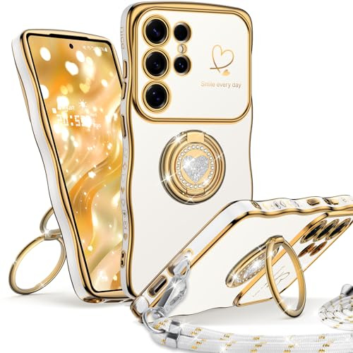 Unlicaku Gewellte Hülle für Samsung Galaxy S25 Ultra mit Band, Weiß | Gewellter Rahmen & Herz-Design: Luxus Soft TPU Schutzhülle mit Doppel-Ring-Ständer für Frauen & Mädchen