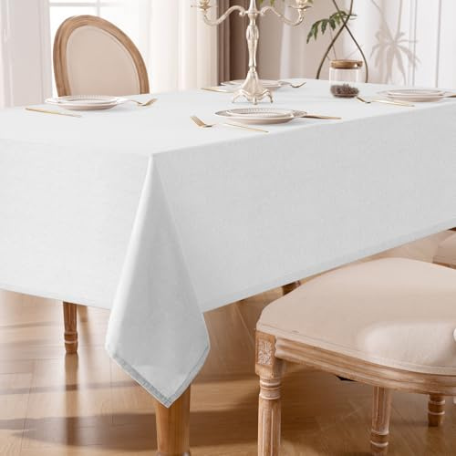 Tischdecke Abwaschbar Weiß – 140x240cm Tischtuch aus Polyester in Leinenoptik, Wasserabweisend mit Lotuseffekt, Kratzfest und Pflegeleicht für Wohnzimmer, Esszimmer, Balkon & Garten