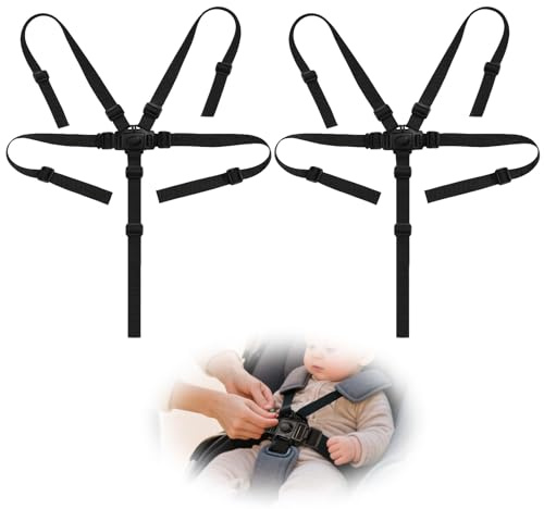 2 Stück 5 Point Strap, Verstellbarer Hochstuhl Gurt für Kinderwagen, Schwarz, Bollerwagen und Hochstuhl, Universeller Baby Sicherheitsgurt, Kompatibel mit Verschiedenen Modellen