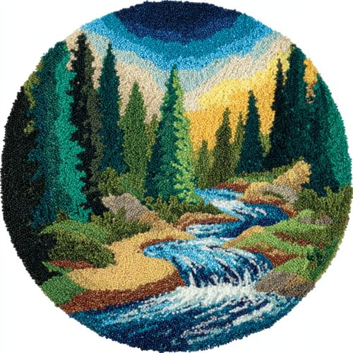 Wallphantom Diy-Teppich Knüpfstern,Bach im Wald,Knüpfset Für Teppiche,Diy-Bastelset,Wandteppich,Kissen,Vorgedruckte Muster,Häkelteppich-Set,Heimdekoration,50x50cm