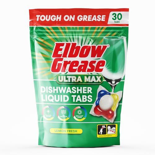 Elbow Grease Ultra Max Liquid Dishwasher Tablets (Lemon, 30 Tabs) | Tough on Grease & Brilliant Shine | Prevents Limescale | Powerful All-In-1 Clean
