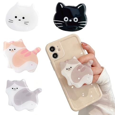 JYXNU Lot de 4 Support Téléphone Finger Grip Bloque Porte Smartphone, Supports de Téléphone Portable avec Design Chaton, Poignée Rétractable, Compatible avec la Plupart des Smartphones et Tablettes