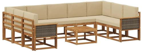 vidaXL Outdoor-Sofagarnitur 10 pcs Natur und Beige Massivholz Akazie, Akazien-Sofa-Set, modernes Outdoor-Sofa, Robustes Gartenmöbel, wetterfest, umbaubar und gemütlich