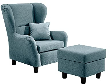 lifestyle4living - Moderner Ohrensessel mit Hocker – Große Auswahl an Stoffen und Farben - Gemütlicher Designer-Sessel im eleganten Landhaus-Stil, Blau