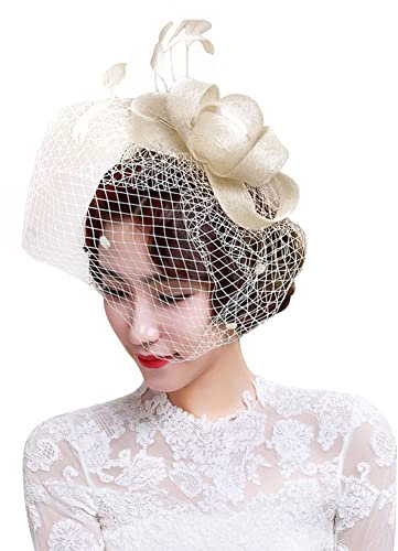 Coiffure Femme Chapeau Mariage Bride Fascinator élégantes Serre-tête Bibis Nuptiale Voilette en Maille Bandeau pour Cocktail Mariage Grand Gala Cérémonie Photographe Fête Soirée Déguisement,Blanc,TU