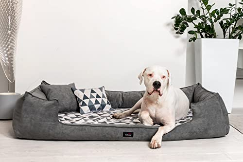 tierlando® Orthopädisches Hundebett Velvet VISCO | Chenille - samtig weicher Velours | Umrandung Grau - Liegefläche Dreieck-Muster (VEL5 130x100 cm - (Innen 100x80 cm), 0205 Graphit-Creme)