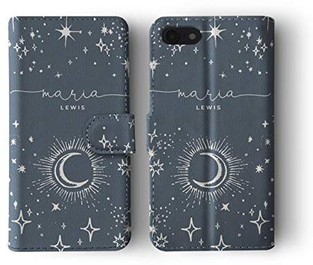 Tirita Personalised Custom Wallet Flip Phone Case Compatible with iPhone 7/8 / SE 2020 / SE 2022 Celestial Moon Stars Planets Space Galaxy Constellations