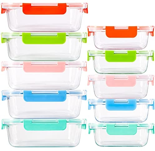 C CREST Lot de 10 Récipient en Verre - 1040 ML + 370 ML Boîtes Alimentaires - Contenants de Stockage de Repas en Verre, sans BPA (Multicolore)
