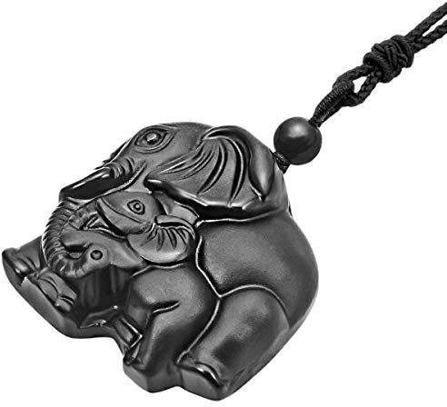 mookaitedecor Obsidienne Noire Collier éléphant Pendentif Protection Pierre Gravé Porte Bonheur Homme Femme