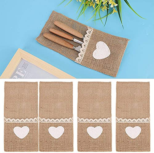 Hztyyier 10Pcs Jute Bestecktaschen Natürliche Vintage Sackleinen Spitze Beutel Utensilien Halter rustikale Dekorationen für Hochzeitsfeier(Herzförmig)