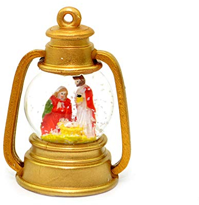 SHATCHI Kleine Schneekugel aus Glas mit Merry, Josef und Jesus, in goldfarbener Laterne, Weihnachtsdekoration, Gold, One Size