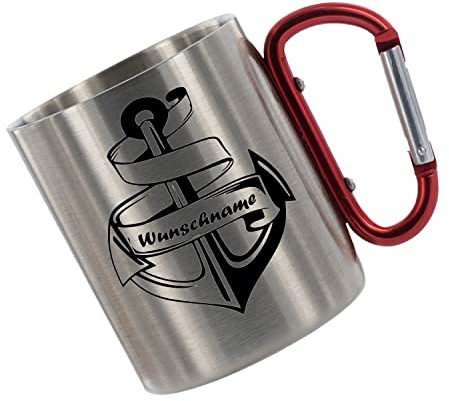 CreaLuxe Edelstahltasse mit Karabiner - Anker mit Wunschname - 330ml, Tasse personalisiert, Kaffeetasse, Bürotasse, Metalltasse mit Name