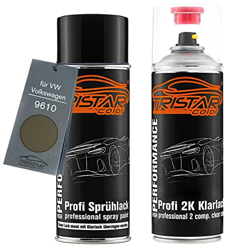 TRISTARcolor Autolack 2K Spraydosen Set für VW/Volkswagen 9610 Olivgrün Basislack 2 Komponenten Klarlack Sprühdose