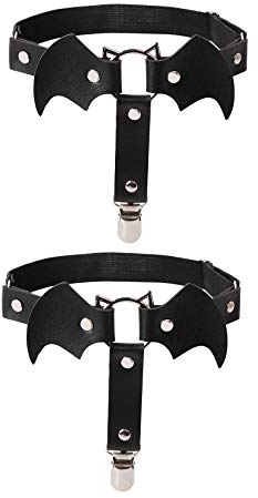 alisikee 2 Stück verstellbares Fledermaus-förmiges Beinstrumpfband mit Anti-Rutsch-Clips, elastisches Gothic-Oberschenkelring-Strumpfband für Frauen und Mädchen, Schwarzes Strumpfband, Einheitsgröße