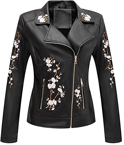 Giolshon Vestes en Faux Cuir pour Femmes, Manteau de Moto décontracté Court à Fleurs 1702021 Noir L