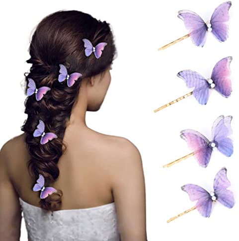 Bartosi Lot de 4 barrettes à cheveux en forme de papillon - En tissu violet - Pour femme et fille