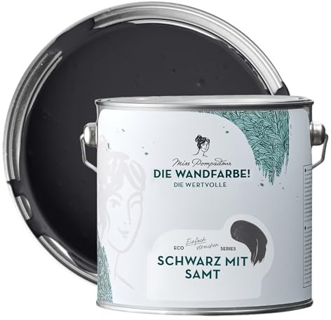 MissPompadour edelmatte Wandfarbe Schwarz mit Samt 2,5L - sehr hohe Deckkraft - geruchsneutrale, spritzfreie Farbe - atmungsaktive, wasserbasierte Innenfarbe/Deckenfarbe - Die Wertvolle