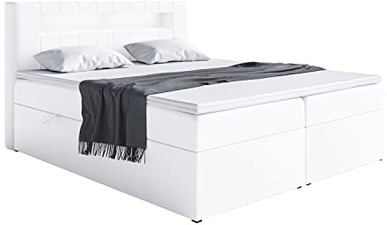 MEBLINI Boxspringbett mit Bettkasten - Bett mit LED Kopfteil - Gepolstert Doppelbett mit Matratze und Topper - Polsterbett mit Stauraum - Stauraumbett - ASPIN - 180x200 - H4/Weiß Kunstleder