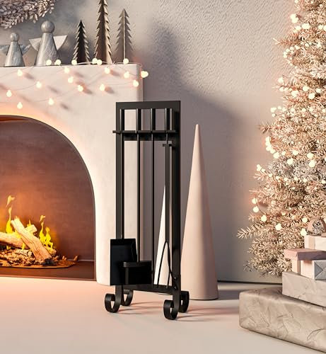 CALIDOLA Wrouhgt Kaminbesteck aus Eisen, 78,9 cm, modernes schwarzes Kaminbesteck für den Innen- und Außenbereich, Kaminbesteck mit Schürhaken, Zange, Schaufel, Bürste, 5-teilig