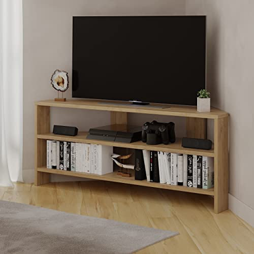 HOCUS PICUS Eck-TV-Einheit mit 2 Ablagen für Wohnzimmer, Büro, modernes Design, TV-Ständer 32-Zoll-Fernseher, mehrere Farboptionen für Dekorationen (Eiche)