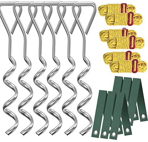 Kit de piquets et sangles robustes pour arbres - 6 piquets en spirale en métal, 6 sangles d'arbre, 24,4 m de haubans réfléchissants pour jeunes arbres et tentes - Kit d'ancrage solide et résistant au