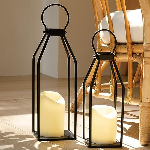 Perfnique Modern Farmhouse Lantern Decor, 15'' 13'' Set of 2 Black Metal Lanterns, 2 LED 6hr Timer Flickering Flameless Candles, Lanterns Decorative for Outdoor Decor, Home, Indoor, Patio (Black)