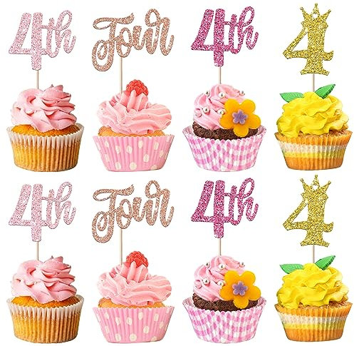 24 Stück Happy Birthday Cupcake Toppers Glitzer - 4. Geburtstag Tortendeko für Crown Four Cupcake Picks - Vierte Geburtstag Kuchen Dekorationen für Baby Dusche, Jahrestag Party - Buntes