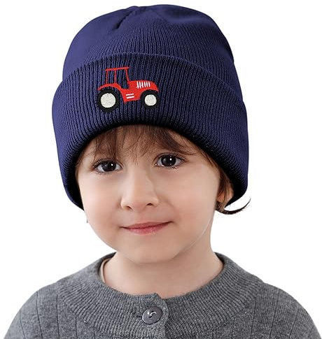 Baby Beanie Kleinkind Wintermütze Knit Skimütze mit niedlicher Stickerei Einhorn für Mädchen Jungen 0-8 Jahre, Traktor, Marineblau, 0-2T
