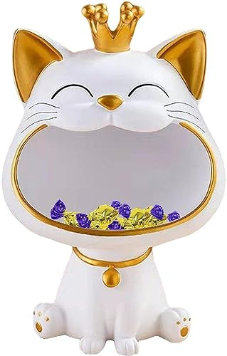Cat Key Storage Bowl,Cat Figures Storage Box,Laughing Cat Statue Storage Tray, Key Bowl for Entryway Table,Coin Jewelry Tray,Candy Dish,Cat Sculpture Statue Resin for Home Desktop (White)