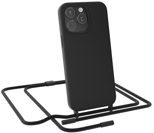 EAZY CASE - Handykette kompatibel mit iPhone 15 Pro Max - dünne Handyhülle Hülle mit Band als Fallschutz Kette zum Umhängen stoßeste Hülle Silikon mit Mikrofaser in Schwarz