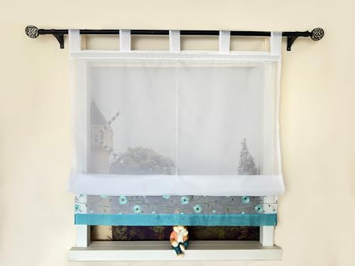 Devola Raffrollo mit Schlaufen Raffgardine Stickerei Schlaufenrollo Transparent Gardinen Kurz Landhaus Küchengardinen Vorhänge HxB 150x80cm Türkis 1 Stück