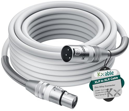 Premium 15ft XLR Male to Female Mic Cable, Heavy Duty 22AWG OFC, Shielded, Zinc Alloy Connectors, Metal Spring SR, White