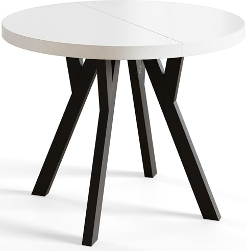 AlpiMeble Runder Esszimmertisch OVO, ausziehbarer Tisch Durchmesser: 90 cm bis 190 cm, Wohnzimmertisch Farbe: Weiß, mit Holzbeinen in Farbe Schwarz