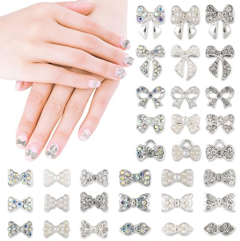 XIHIRCD 33pcs Bow Charms for Nails Silver Alloy Nail Charms 3D Bowknot Nail Charms Y2K for Acrylic Nails, Bow Rhinestone Nail Art DIY Decorations Inlaid Pearls for Girls Women Gift