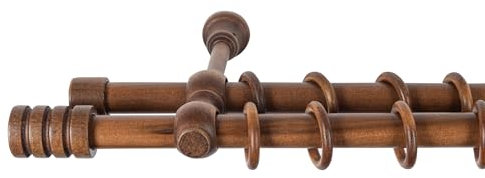 SN Deco - Stilgarnitur Gardinenstange Vorhangstange Pisa, Holz, Ø 28mm, 2-Lauf, Komplettset mit Ringen, Farbe Walnuss 160cm