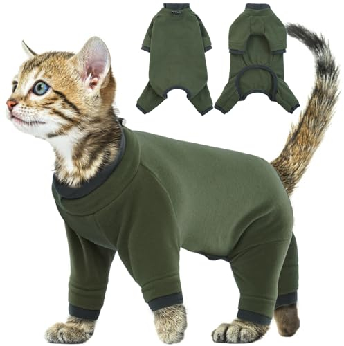 Kitten Clothes, Soft Pajama Winter Jacket Kitten Onesie Overall Four-Legged Warm Clothes Cat Recovery Suit Female after Surgery Hair Sticky Onesie(Army Green, XS)