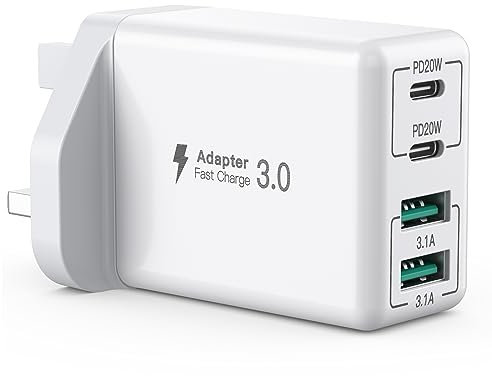 USB-C 40W 4-Port Fast Charger - Dual PD & Dual QC Ports, UK Wall Charger for iPhone 11/12/13/14/15 Series/XS/XR/SE/8/Samsung/iPad