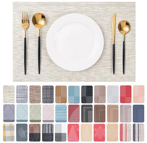 CADONO Placemats Set of 4 Washable Indoor/Outdoor Vinyl Place Mats for Dining Table Durable Non-Slip Heat Resistant PVC Weave Table Mats(Beige)