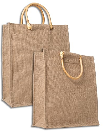 IPEA 2x Borsa in Juta Naturale con Manici in Legno per Shopping, Spesa e Tempo Libero - 2 Pezzi - Shopper in Vera Iuta - Tote Bag per Sera, Mare, Spiaggia, Uscite - Design Retrò Elegante - 35 x 30 cm
