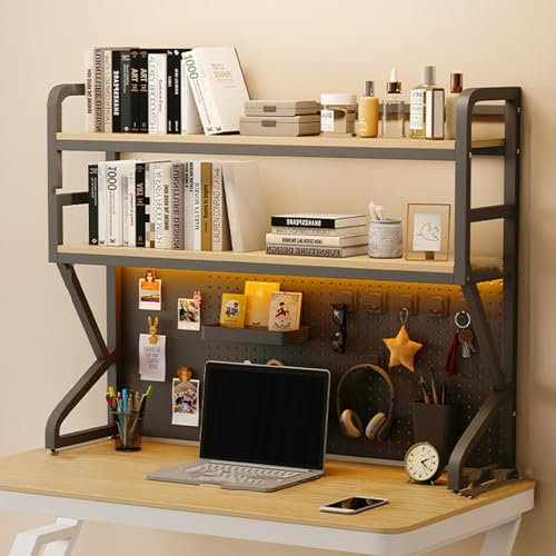 Metal Desktop Hutch Shelf With 2 Tier Desk Shelves For Computer - Multipurpose Countertop Hutch Bookshelf Display Shelf Rack For Dorm Office Home - 110x25x93cm