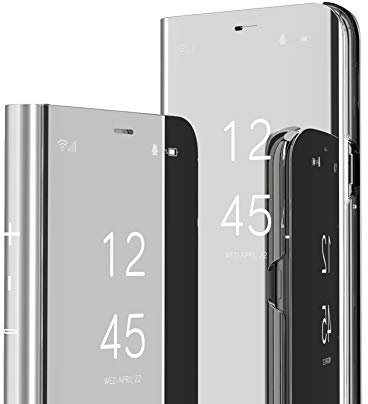 IMEIKONST Mirror Design Case for iPhone 16 Pro, PC + PU Leather Bookstyle Makeup Clear View Window Stand Shockproof Protective Phone Cover for iPhone 16 Pro. Flip Mirror: Silver QH