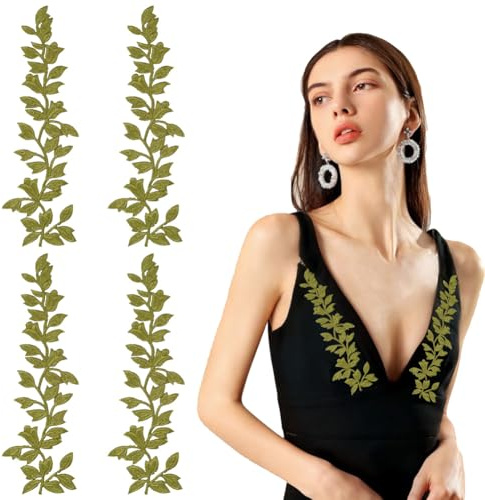 WADORN 4Pcs Leaves Vine Sewing on Patch, Green Leaf Embroidery Applique Green Lace Forest Leaves Embroidered Patches for Garment Curtain Pillow Blanket Trimming Clothes Embellishments, 9.1x2.9 Inch