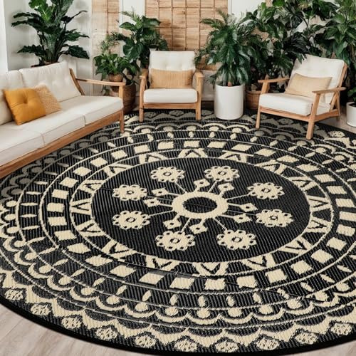 Capslpad Tappeto rotondo da esterno da 300 cm, impermeabile, reversibile, portatile, in plastica, stile boho, per interni ed esterni, per camper, campeggio, picnic, piscina, tenda, balcone, spiaggia,
