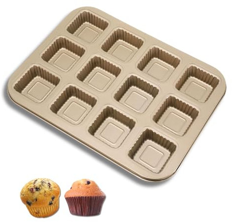 OlBuWa Teglia per Muffin, 12 Cavità Stampo Muffin, Teglia Muffin Rivestimento Antiaderente, Riutilizzabili Acciaio al Carbonio Stampi per Muffin per Cupcake, Brownies, Mini Muffin, Oro